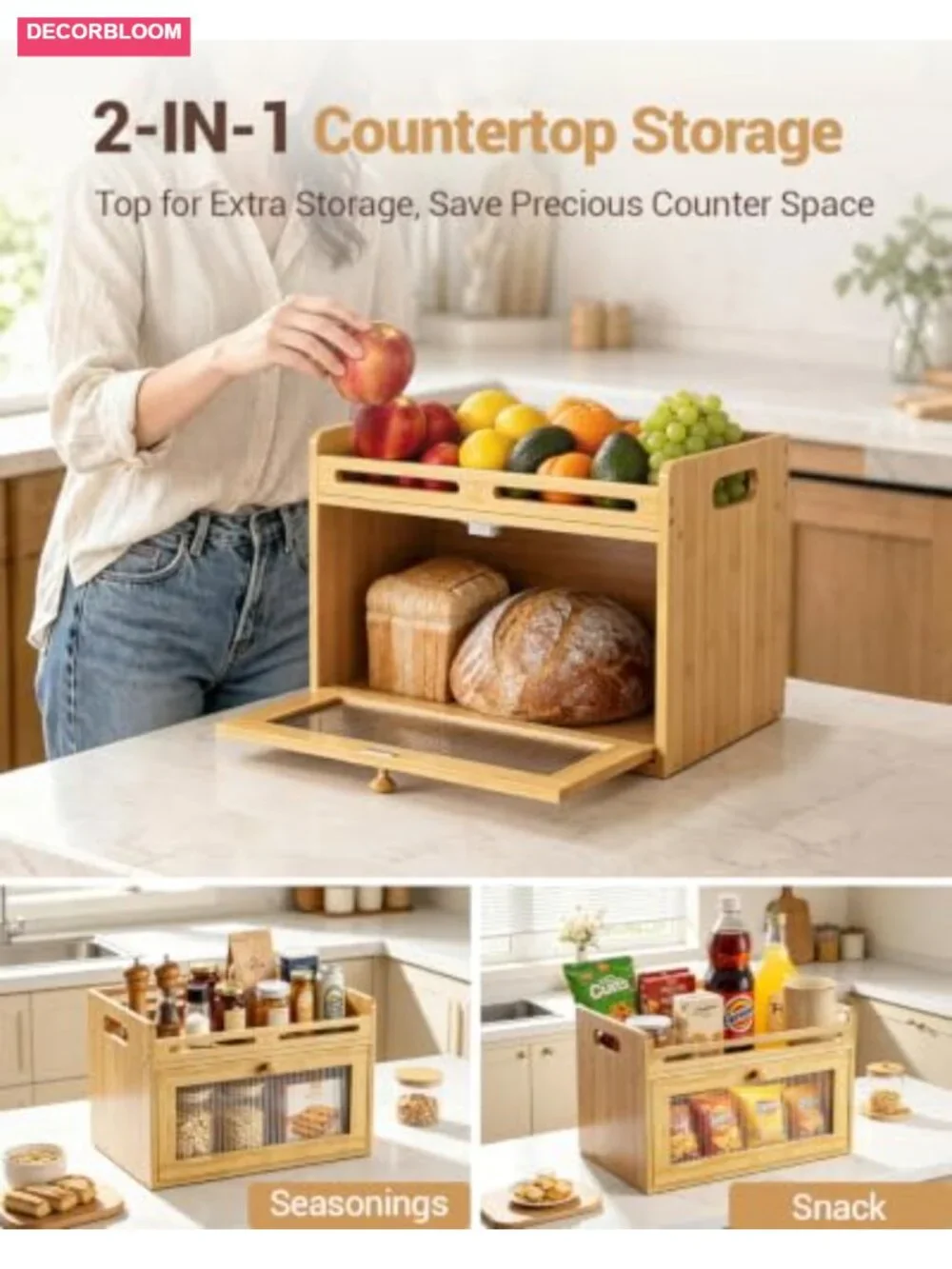 Large Bamboo Bread Box with Acrylic Window & Raised Top Shelf